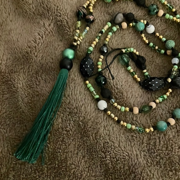 Handmade Artisan Upcycled Long Boho Hemp Beaded Tassel Necklace Green & Black - Picture 3 of 4